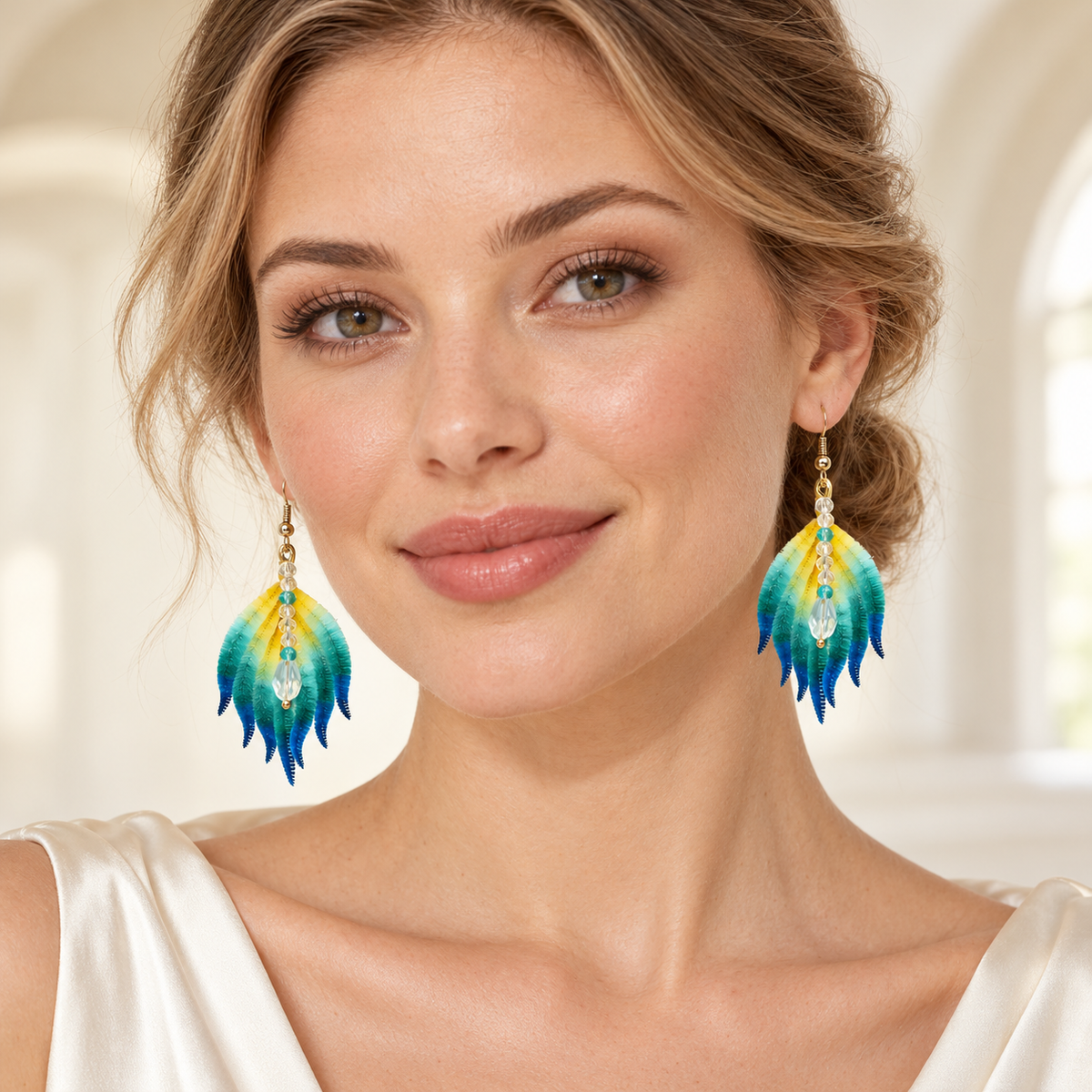 Blue-Green Phoenix Feather Ronghua Drop Earrings — photo 2
