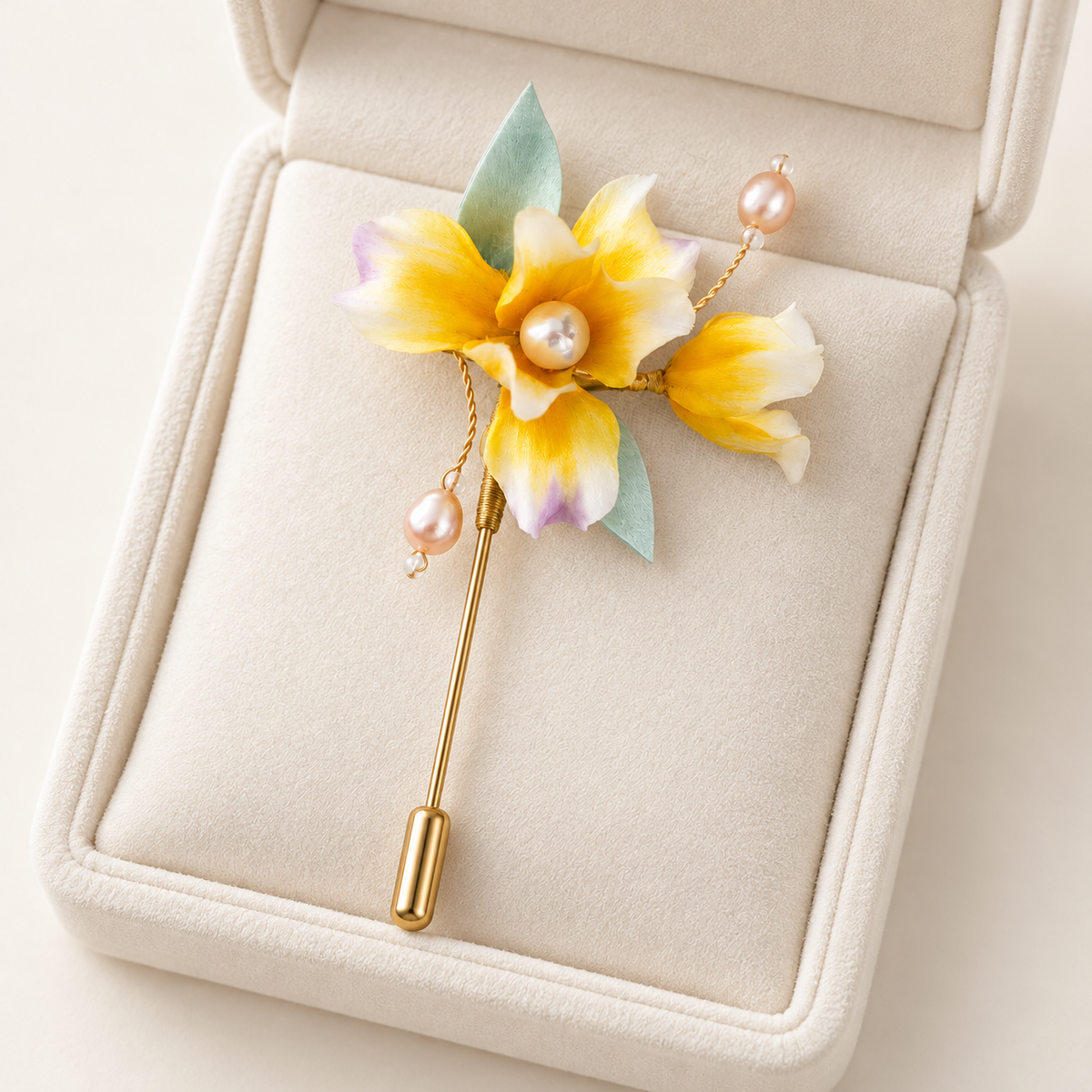 Yingxia yellow iris Ronghua brooch in a gift box