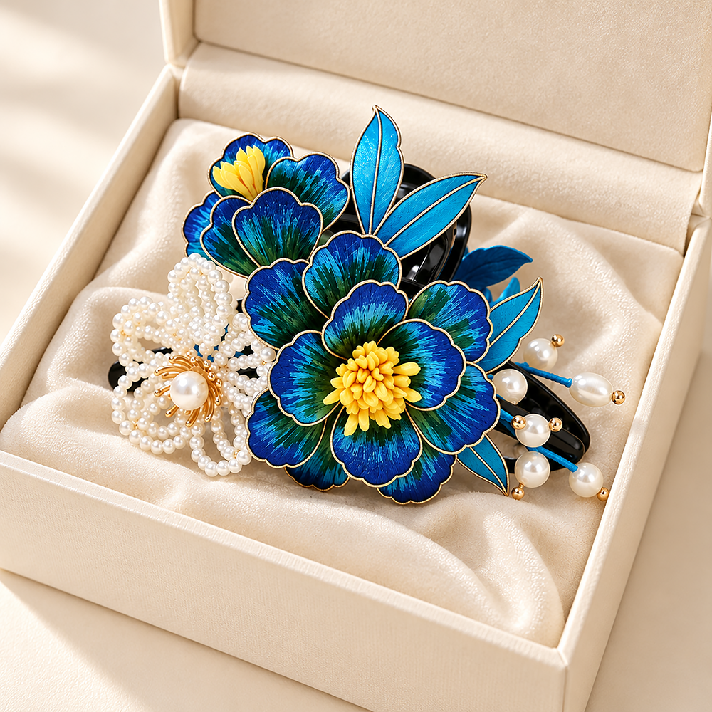Blue Ronghua claw hair clip with pearl-like accents detail