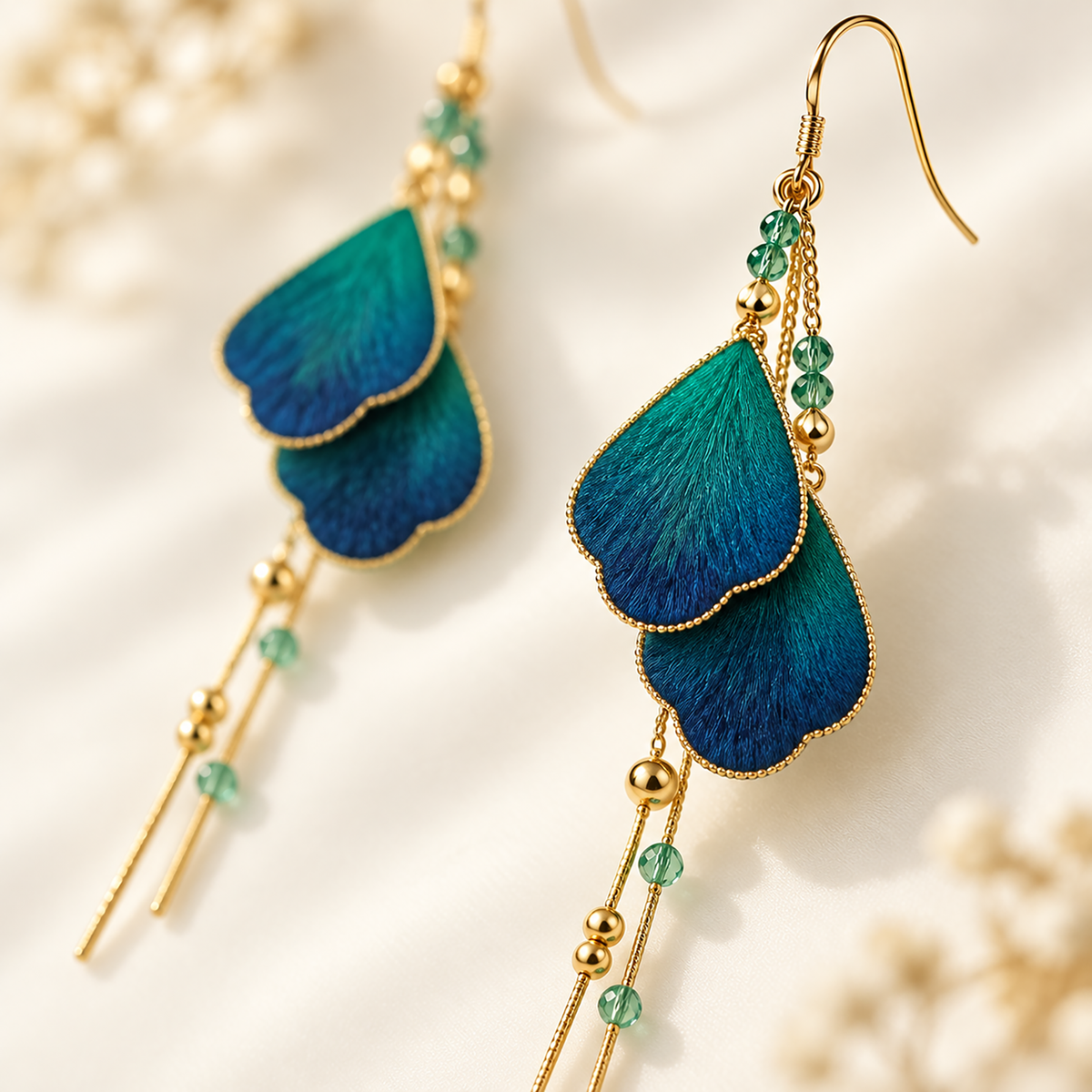Teal-blue silk Ronghua earrings with overlapping petals on cream fabric