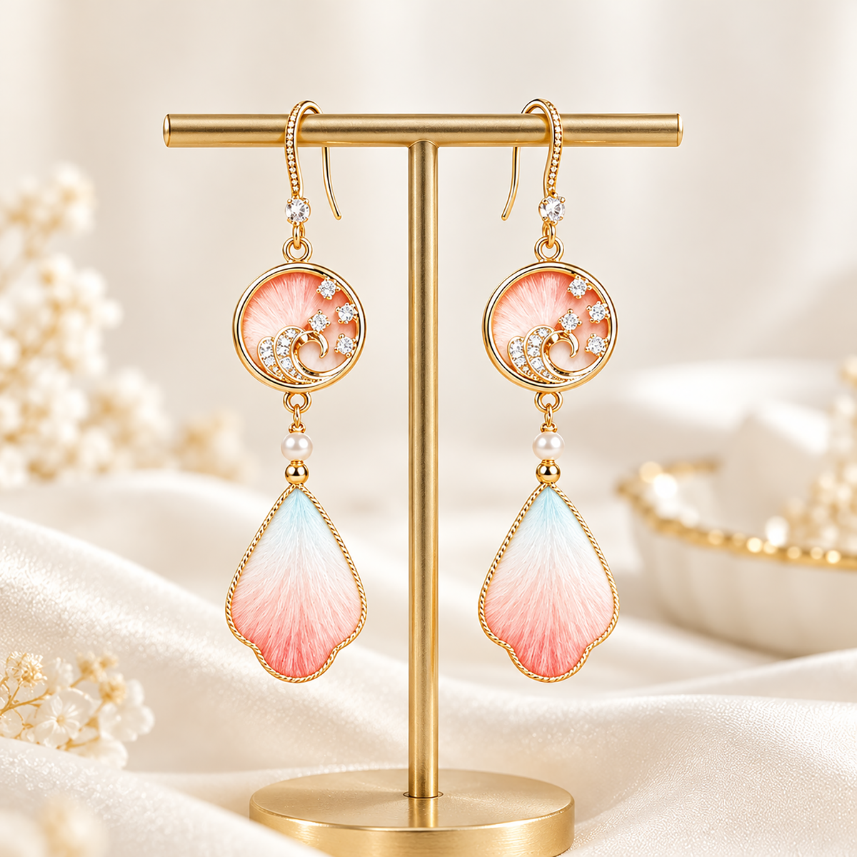Pink-blue silk Ronghua earrings with wave medallion and crystal accents