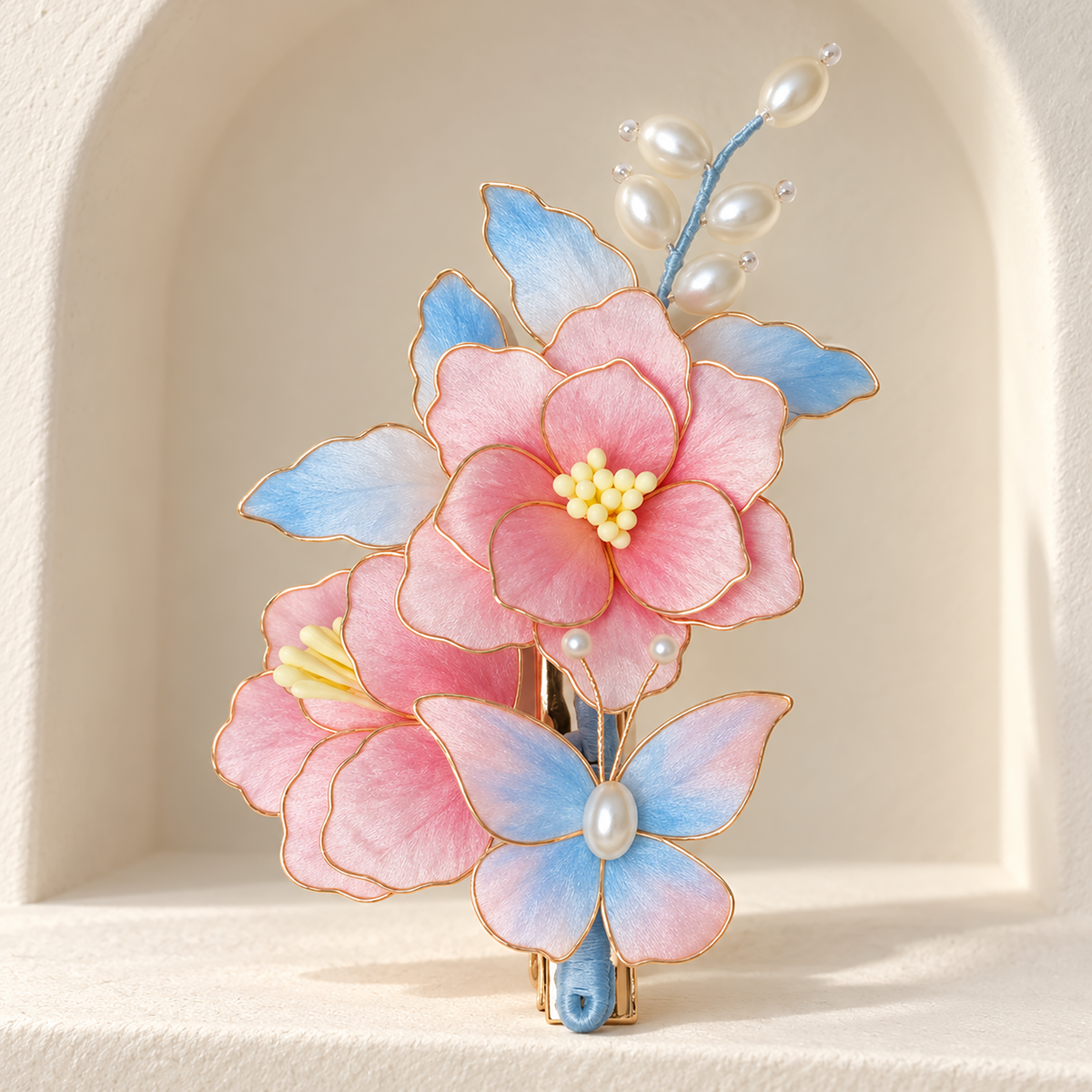 Pink peach blossom and butterfly Ronghua hair clip in an ivory niche
