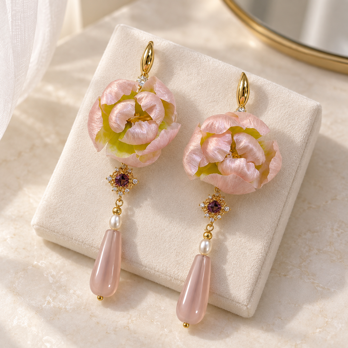 Pink Peony Bud Ronghua Drop Earrings — photo 3