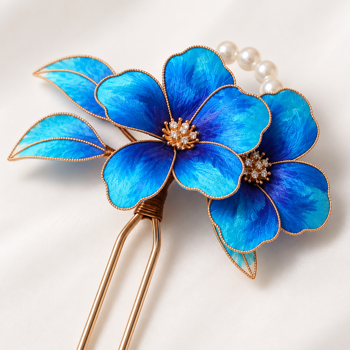 Blue Ronghua blossom hairpin detail with gold-tone two-prong fork