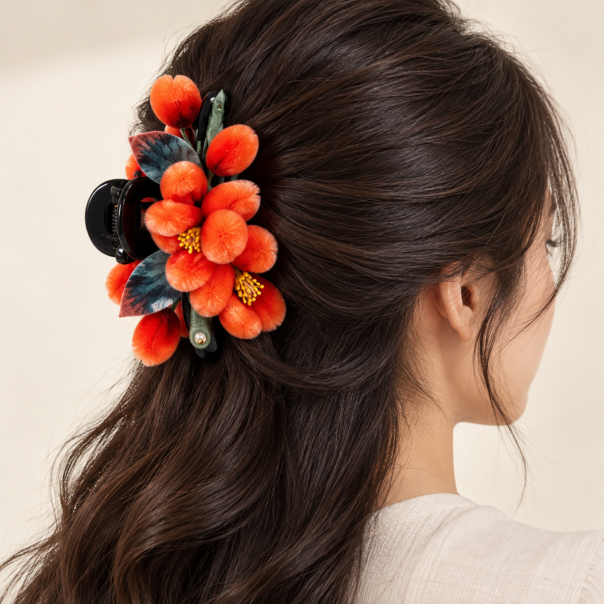Orange Persimmon Ronghua claw clip detail of blossoms and buds