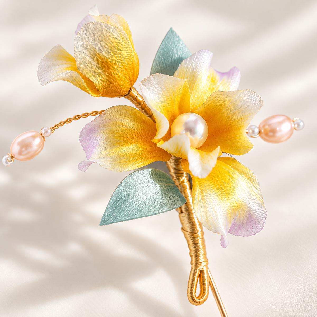 Yellow iris mulberry-silk Ronghua brooch product angle