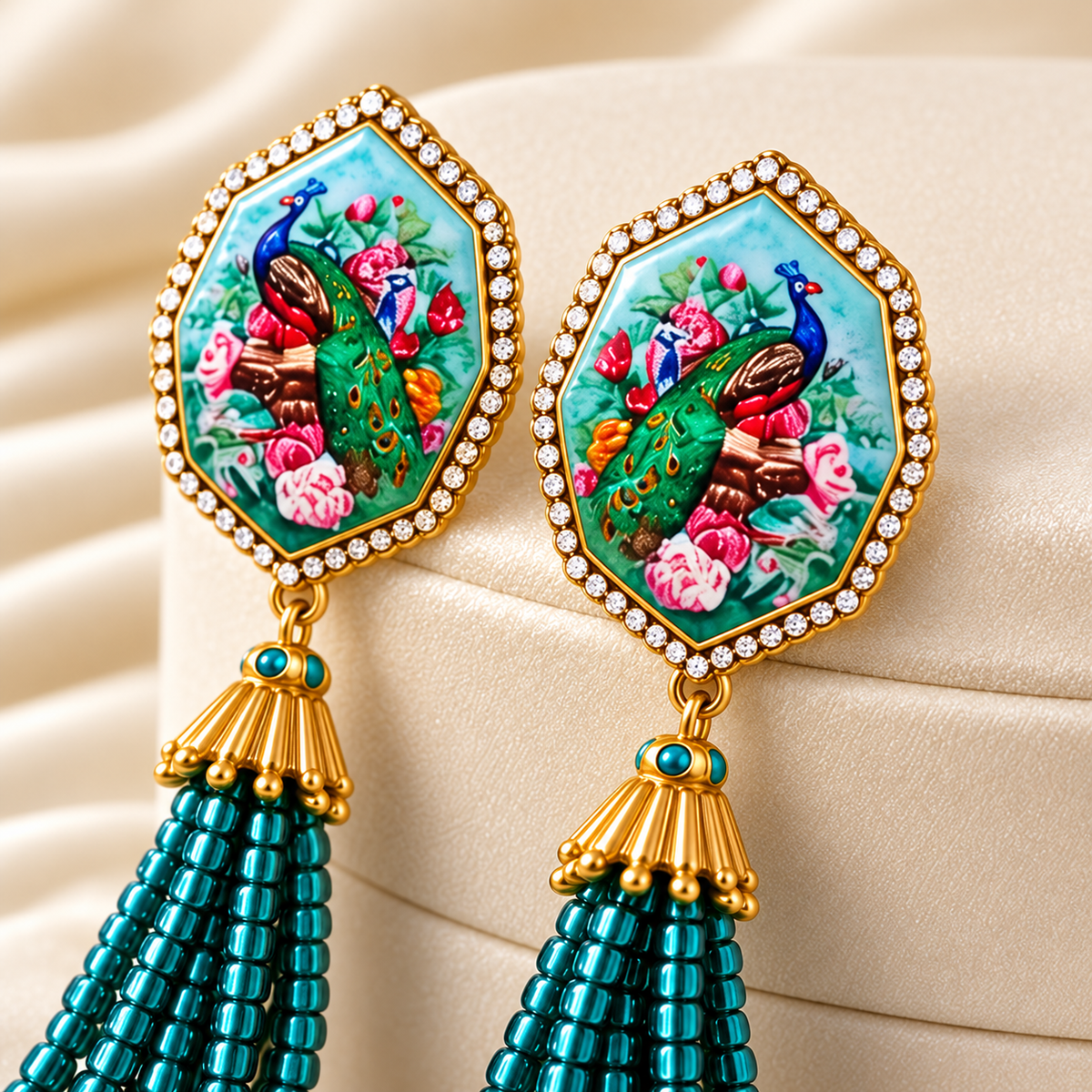Kongqueling enamel peacock bead tassel stud earrings — photo 3