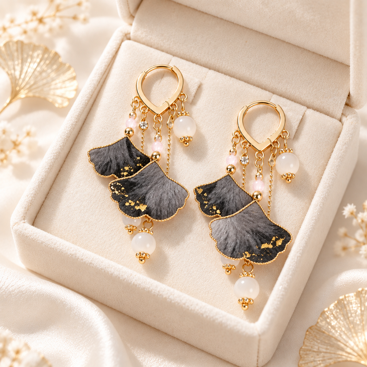 Twin Ink Ginkgo Ronghua drop earrings in a gift box
