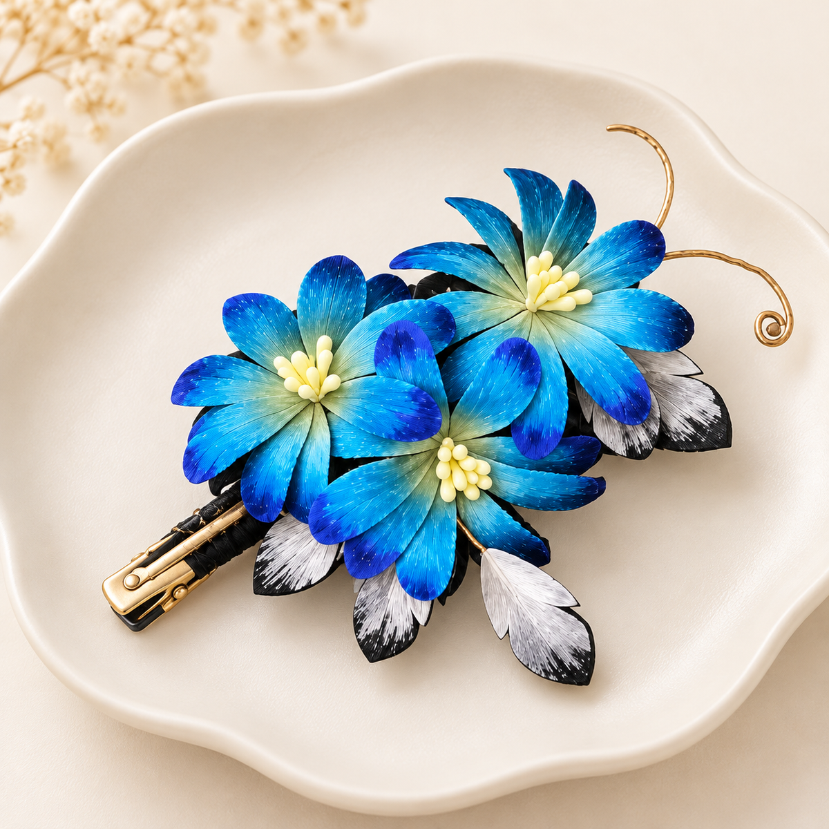 Blue blossom hair clip on a ceramic dish