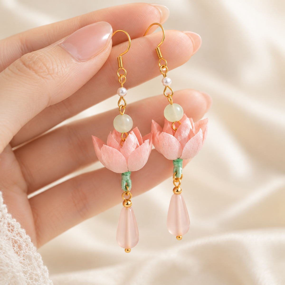 Qinghe lotus silk Ronghua drop earrings alternate product angle