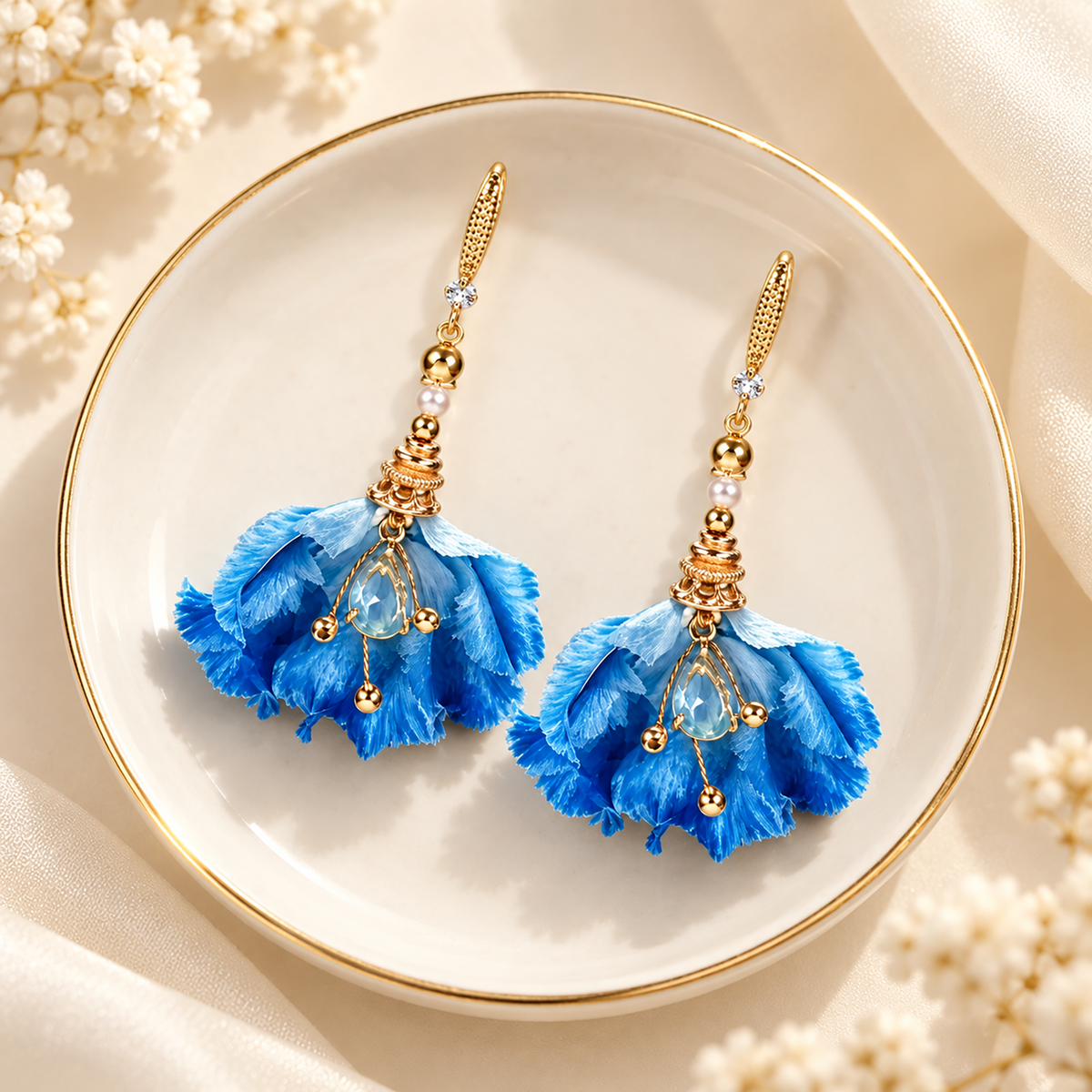 Blue water-iris silk Ronghua earrings on cream fabric