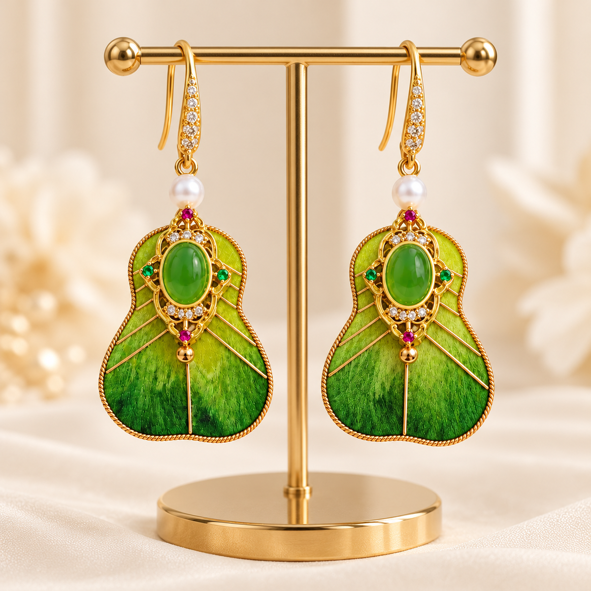 Green fan Ronghua earrings on a display stand