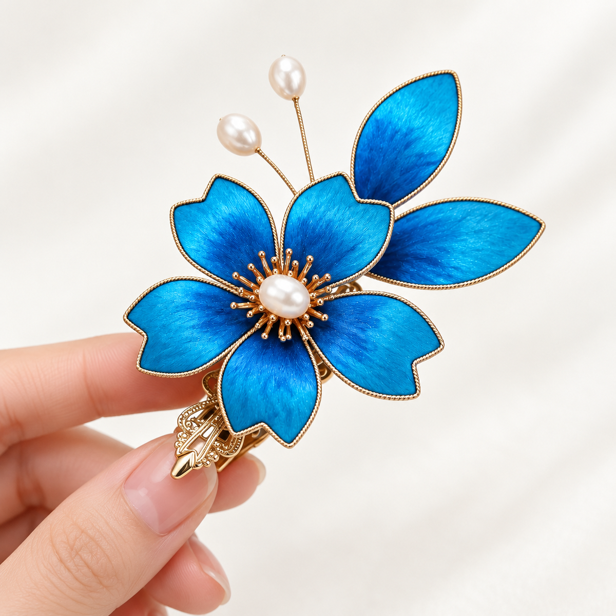 Lan Haitang blue begonia Ronghua hair clip held in hand showing the alligator clip