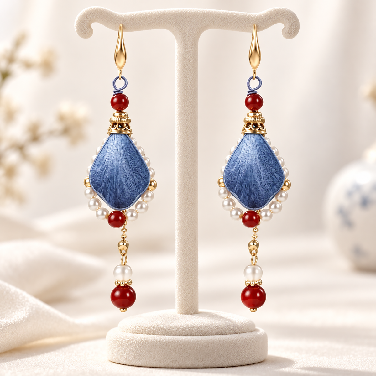 Blue-red silk drop earrings on cream fabric