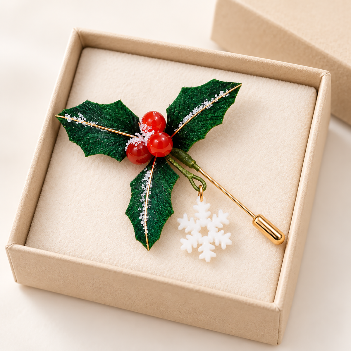 Christmas holly Ronghua brooch detail of leaves and berries