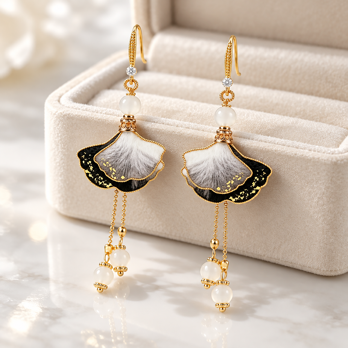 Ink-wash ginkgo silk drop earrings with gold flecks and pearl-like beads