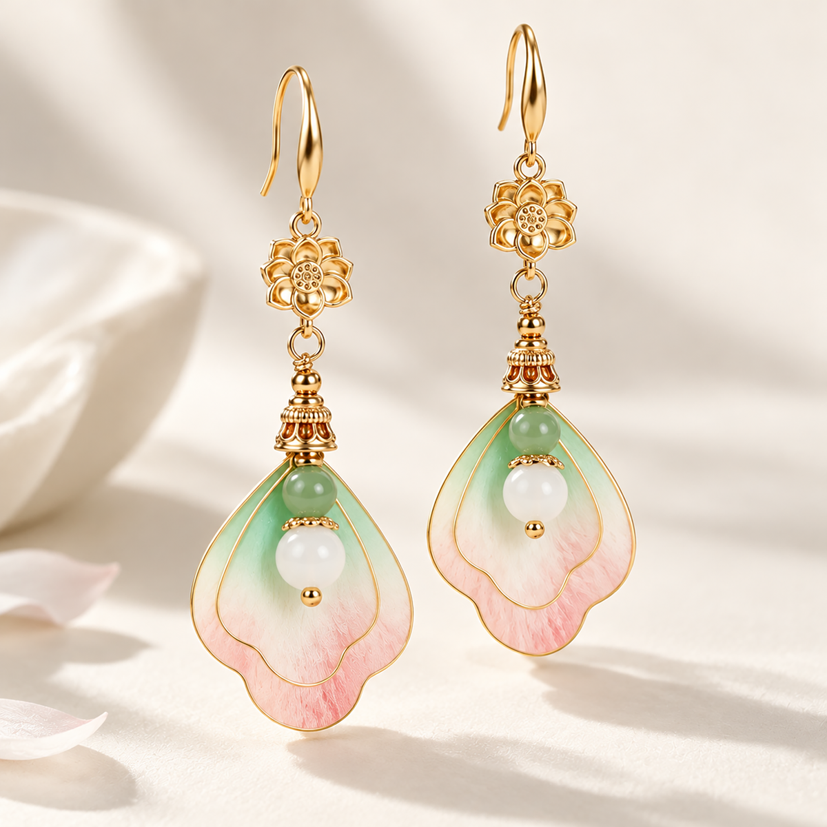 Pink-mint silk Ronghua drop earrings on cream fabric