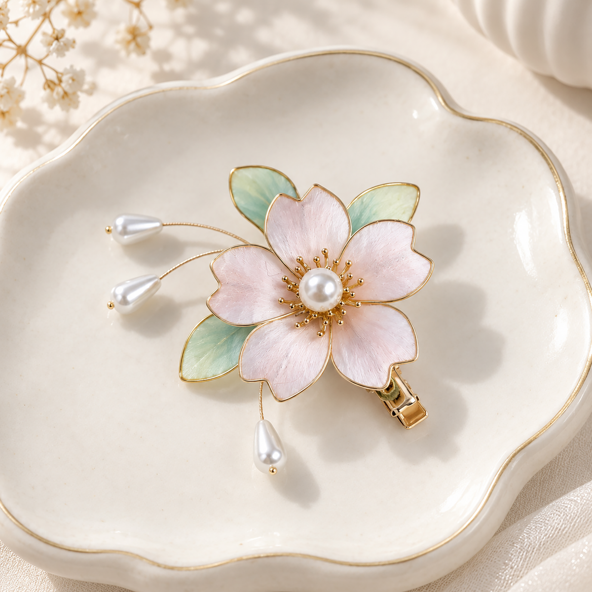 Pink Ronghua blossom hair clip on a cream ceramic plate