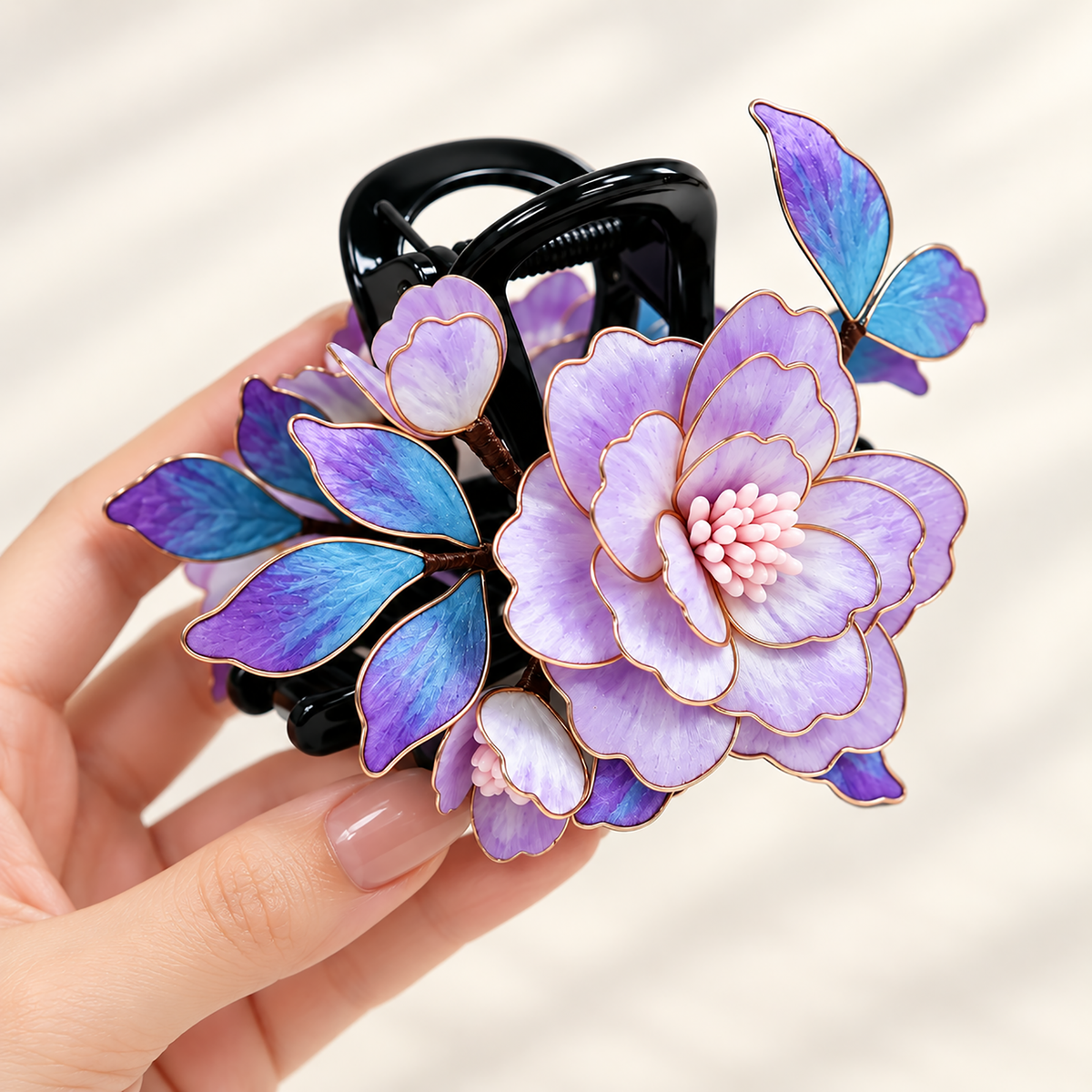 Purple mulberry-silk Ronghua claw clip with butterfly accent