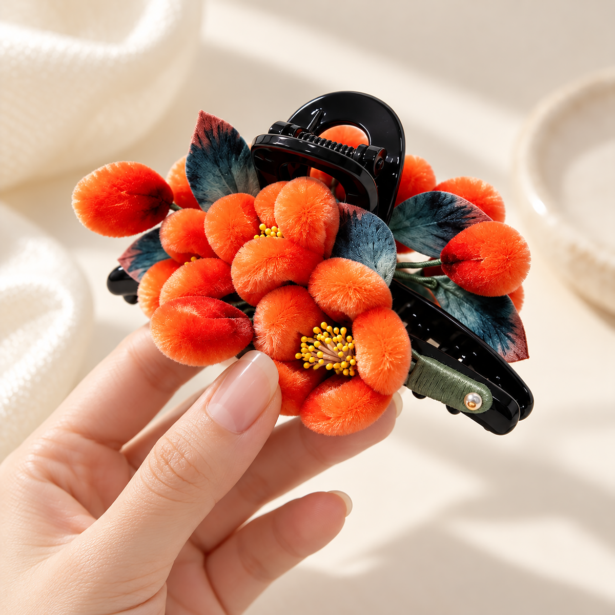 Orange persimmon Ronghua claw hair clip worn in hair
