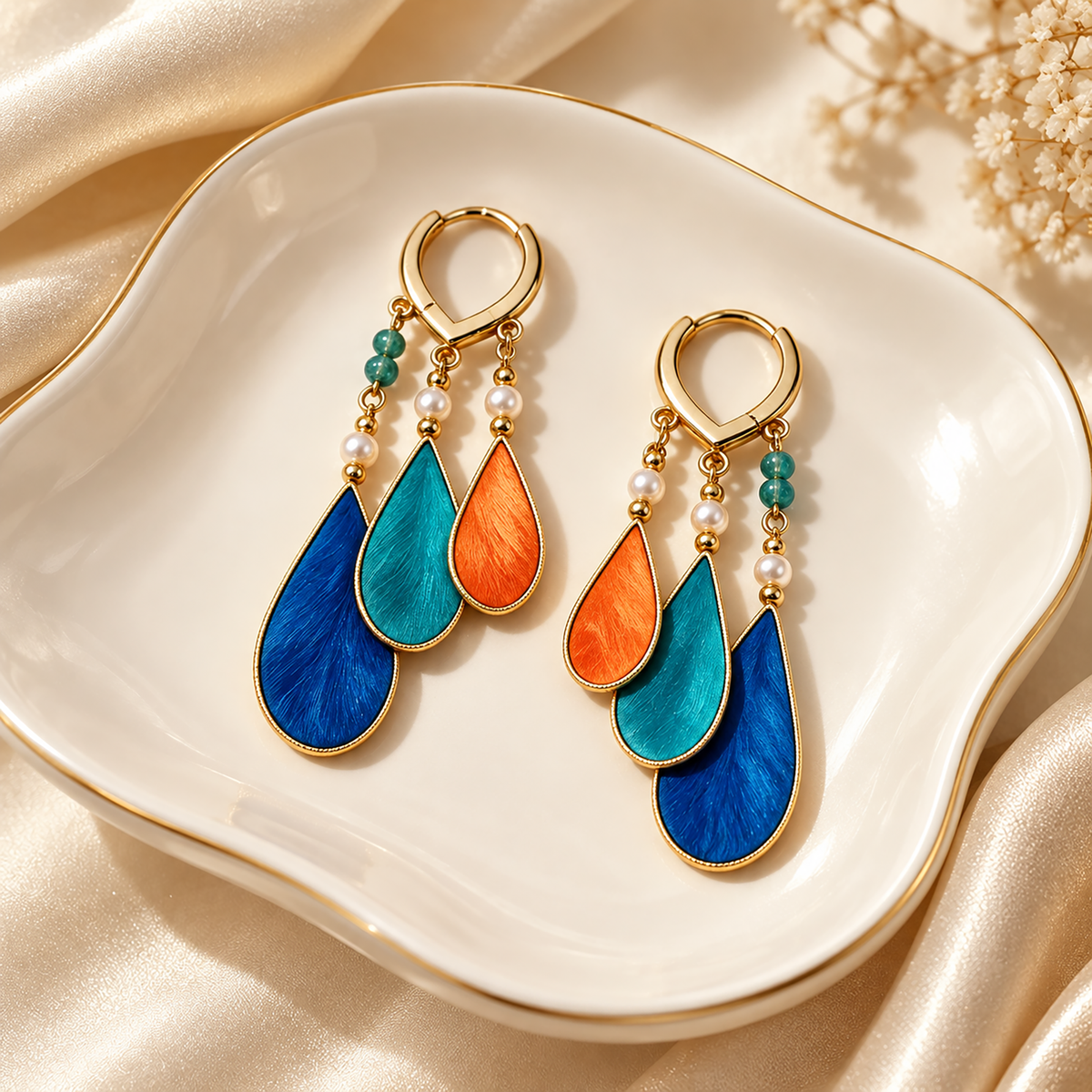 Dunhuang-palette silk Ronghua drop earrings with blue, teal and orange teardrops on a cream tray