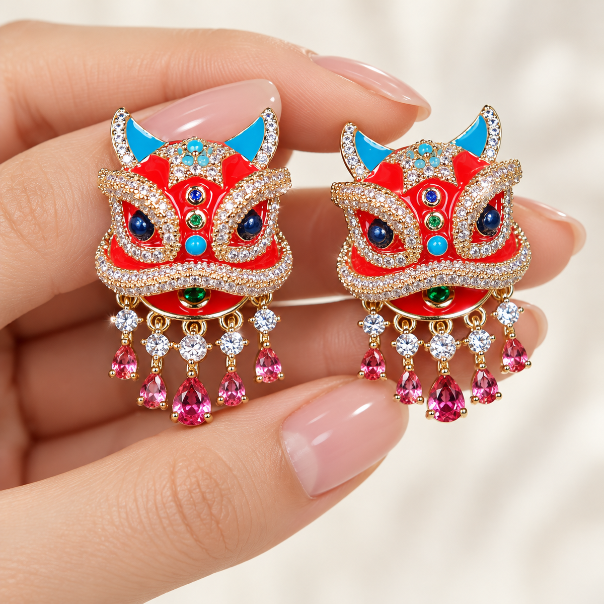 Xingshi enamel awakening lion drop earrings — photo 4