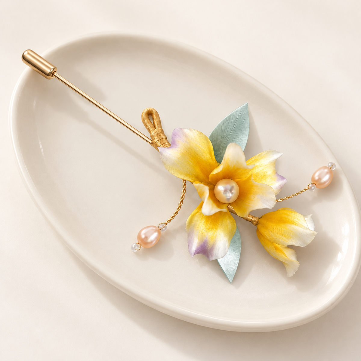 Yingxia iris brooch detail of silk petals and freshwater pearls