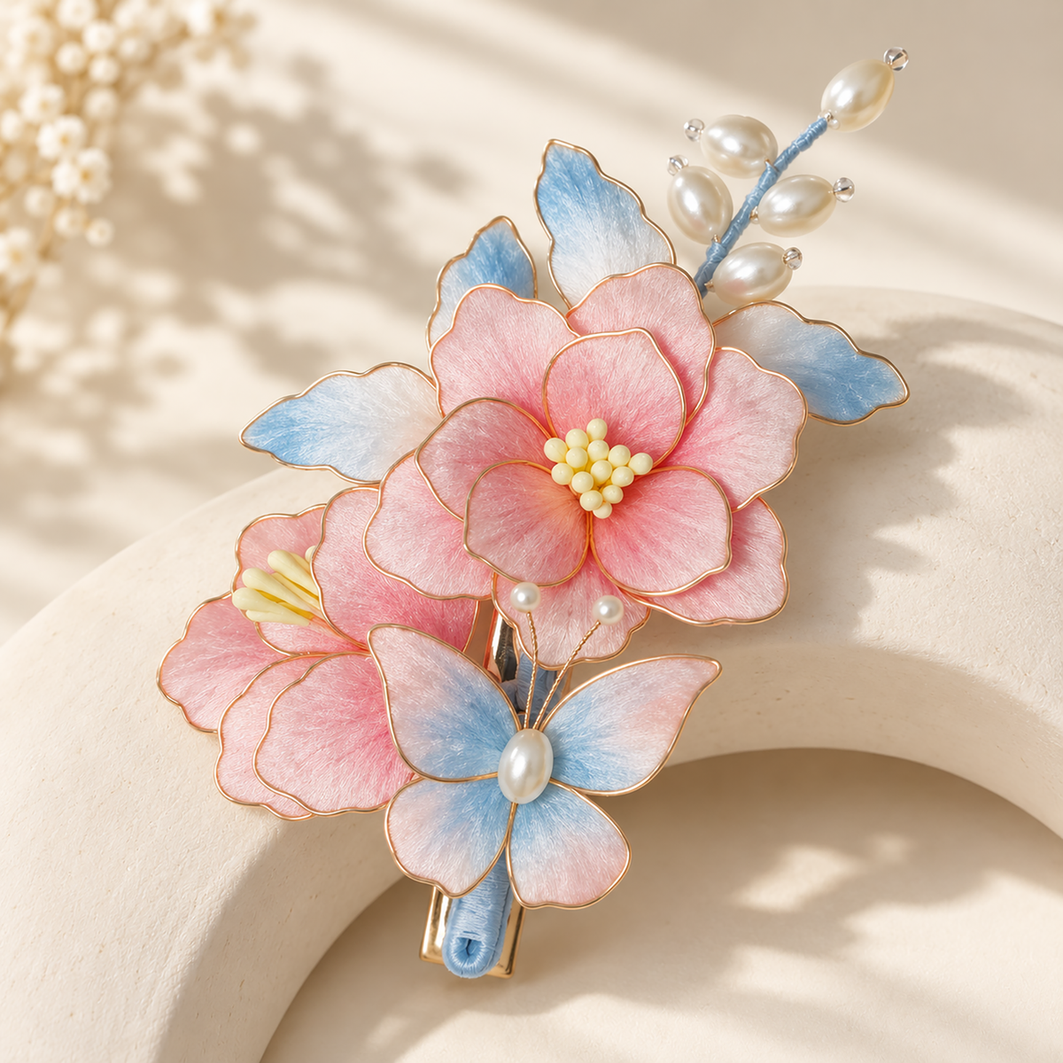 Pink peach blossom butterfly hair clip on a curved ivory surface