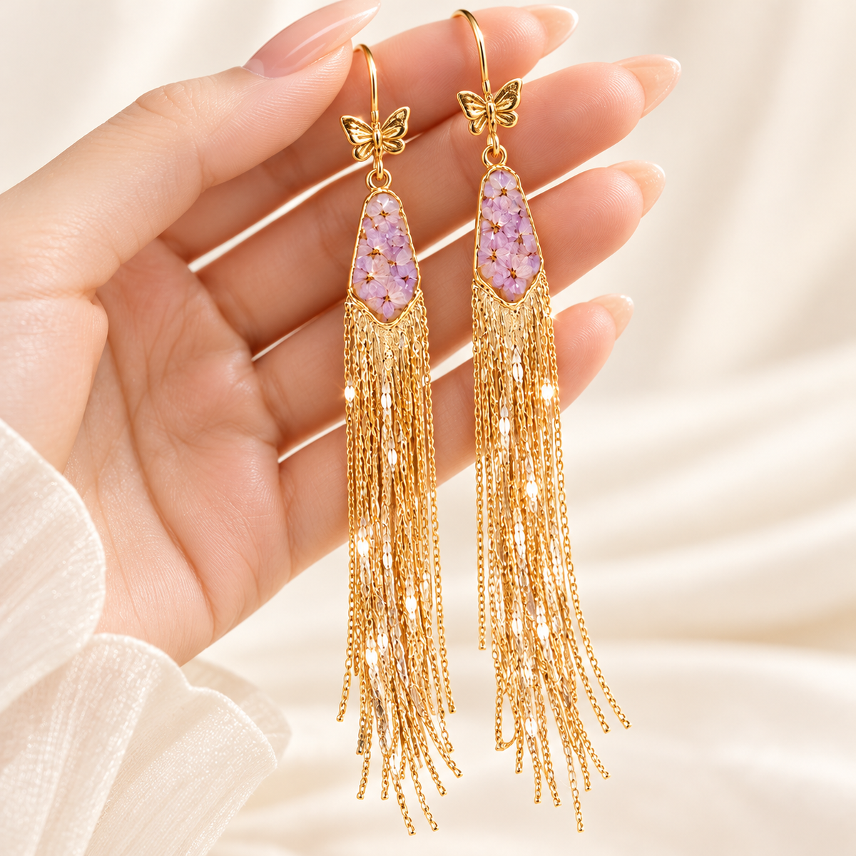 Zijin preserved flower gold tassel earrings — photo 4