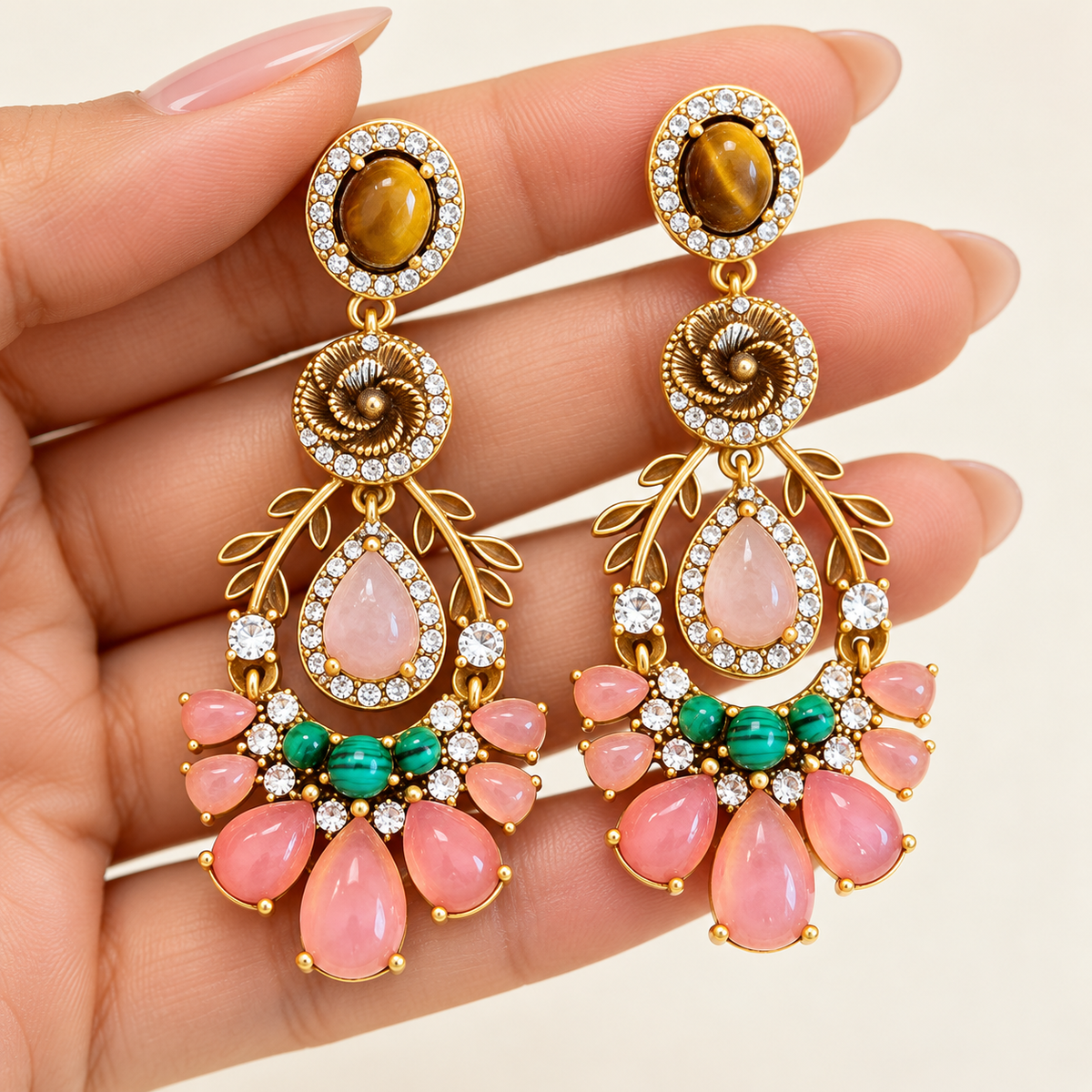 Nifei court pink glass tiger-eye drop earrings — photo 4