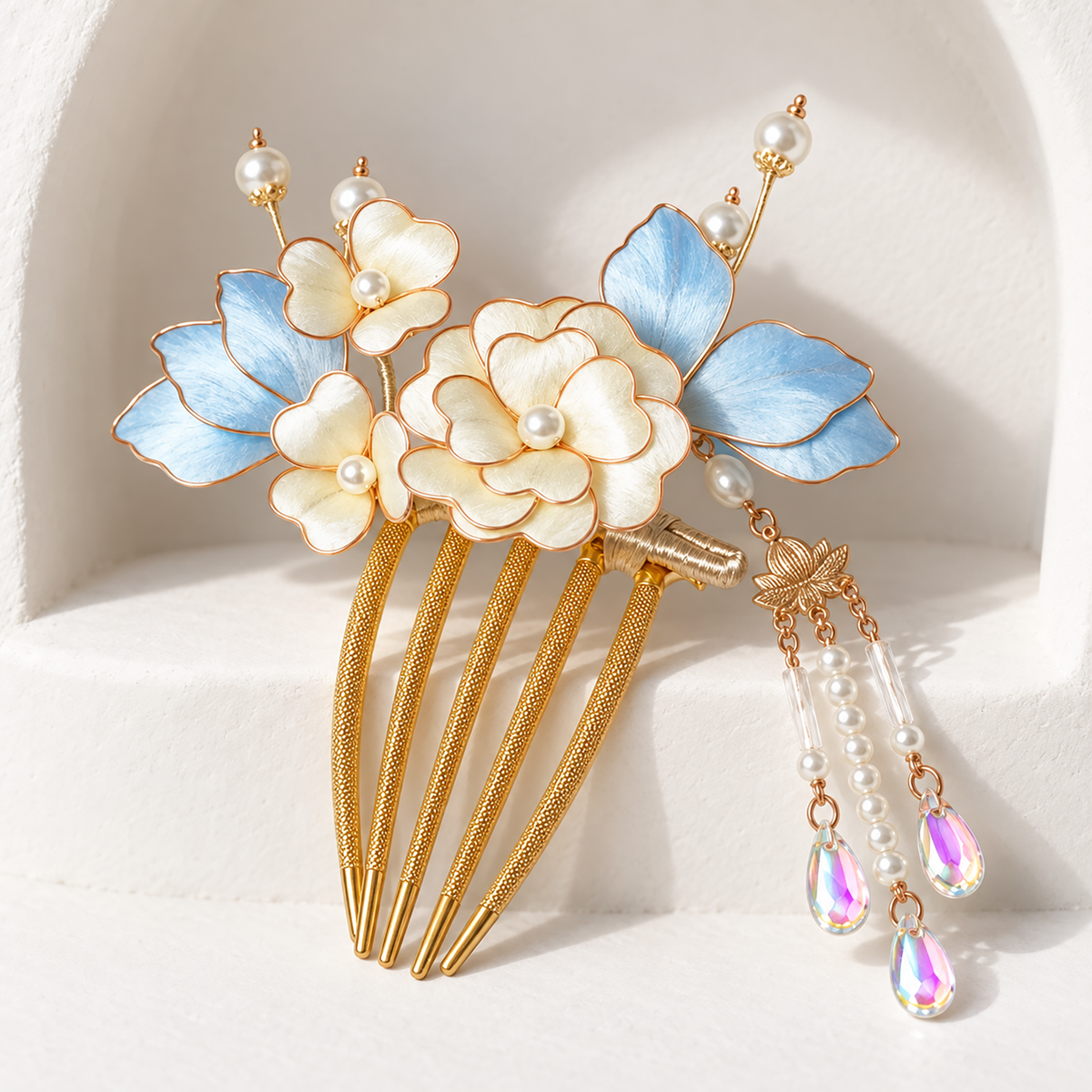Ivory blossom hair comb standing against a curved ivory stand