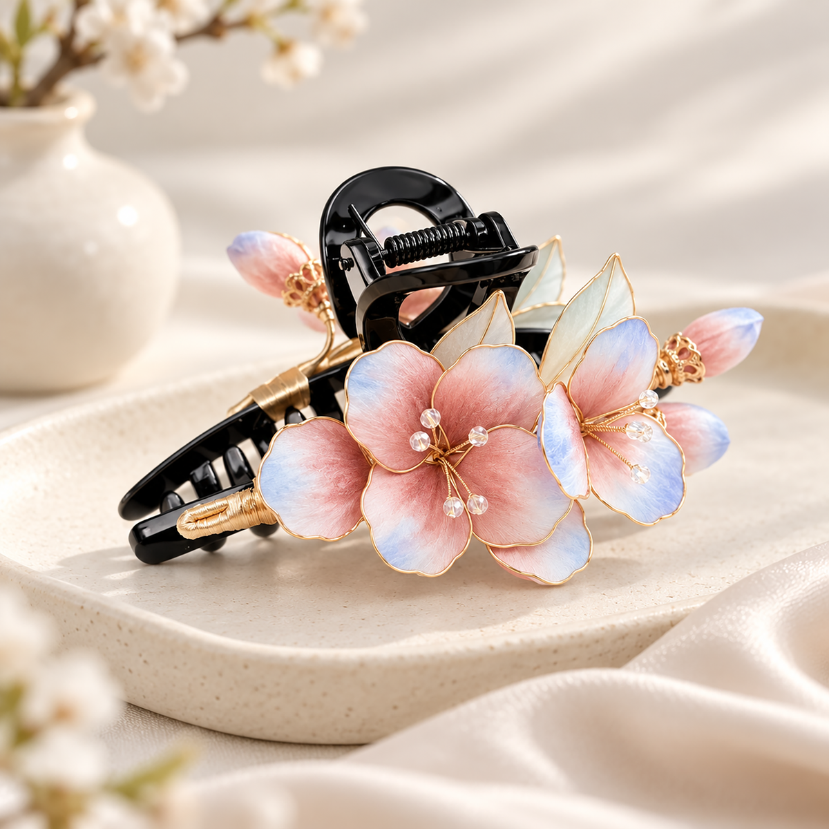 Peach-pink Ronghua claw hair clip worn in hair