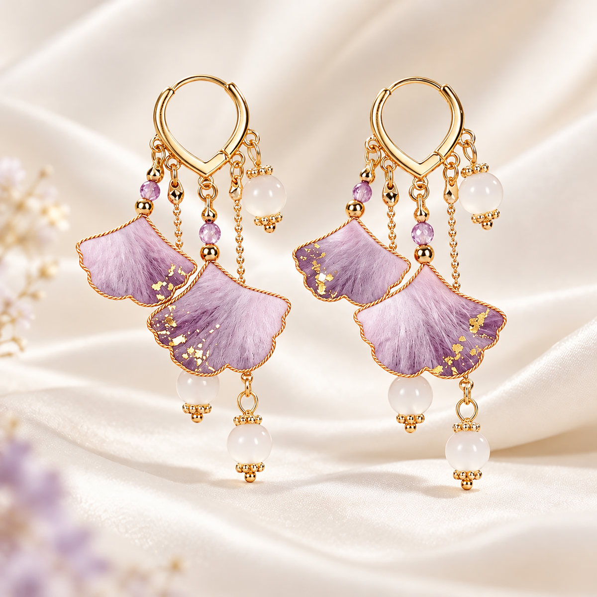 Twin purple ginkgo silk drop earrings with gold-toned hoops on cream fabric