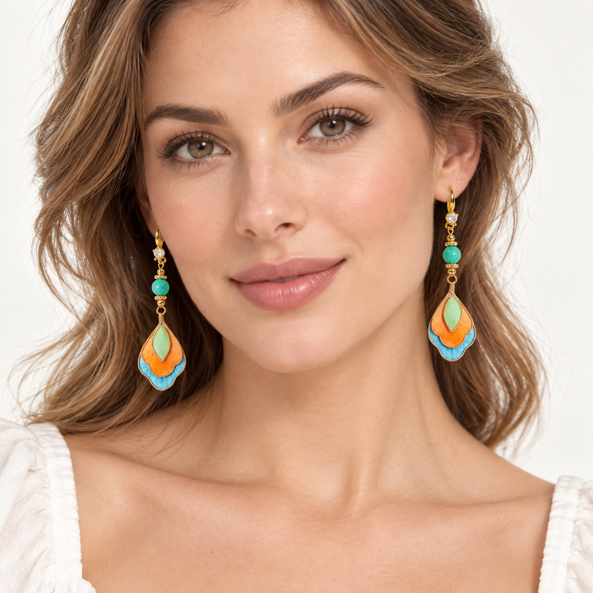 Feitian Dunhuang Ronghua drop earrings worn, front view