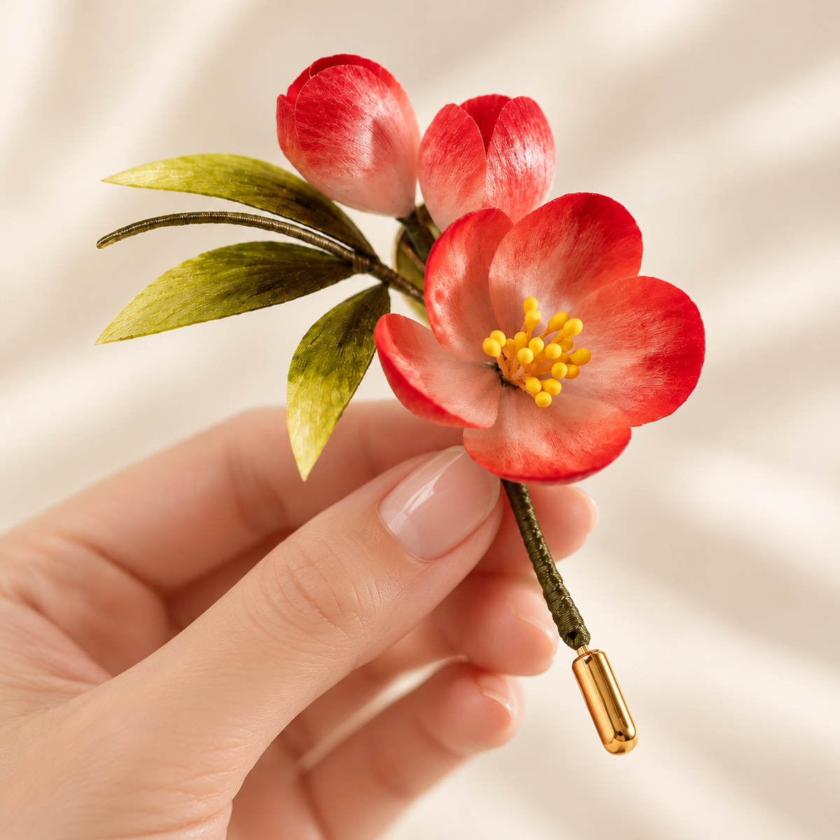 Nanzhi plum blossom brooch detail of petals and yellow stamens
