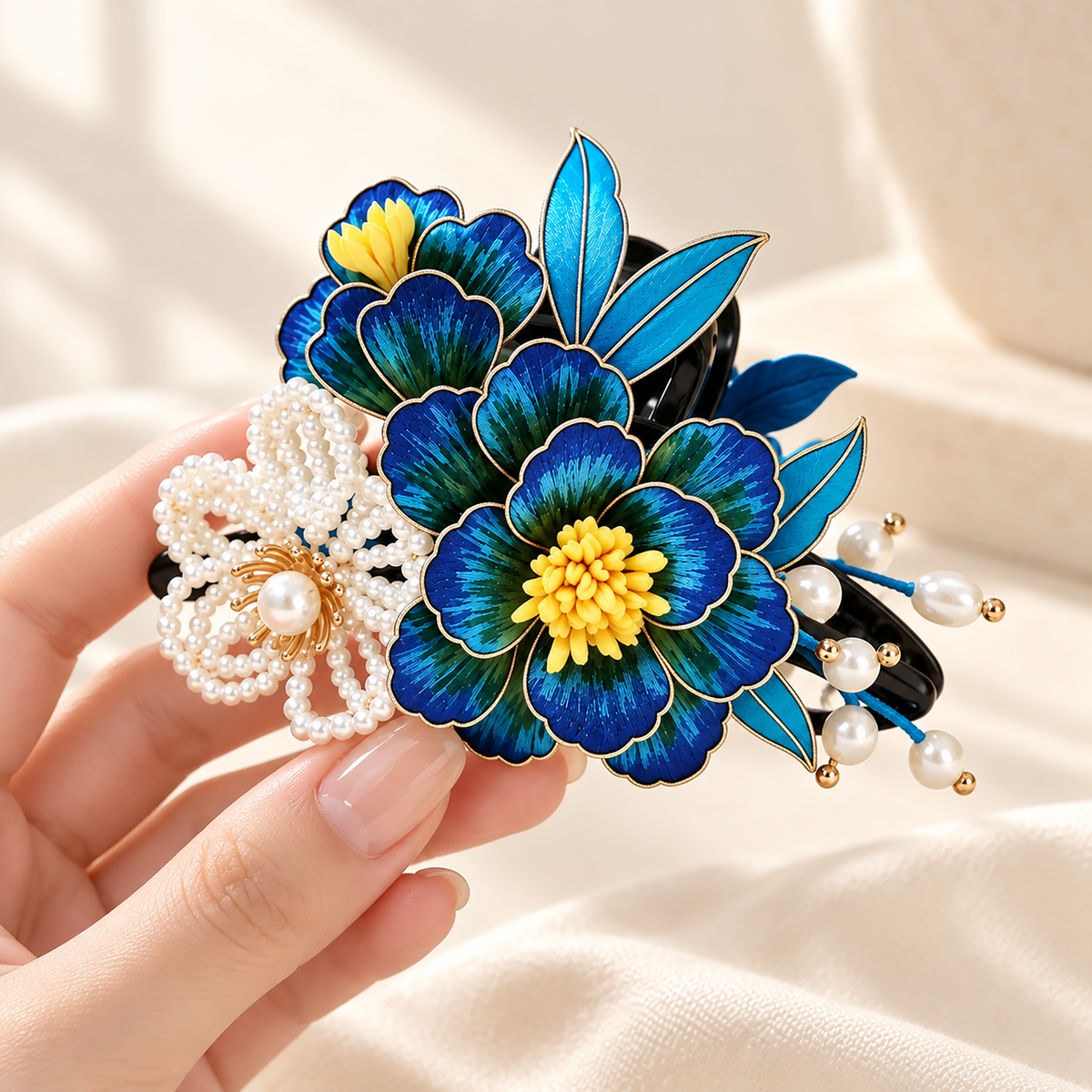 Blue Ocean Pearl Ronghua claw clip worn in hair