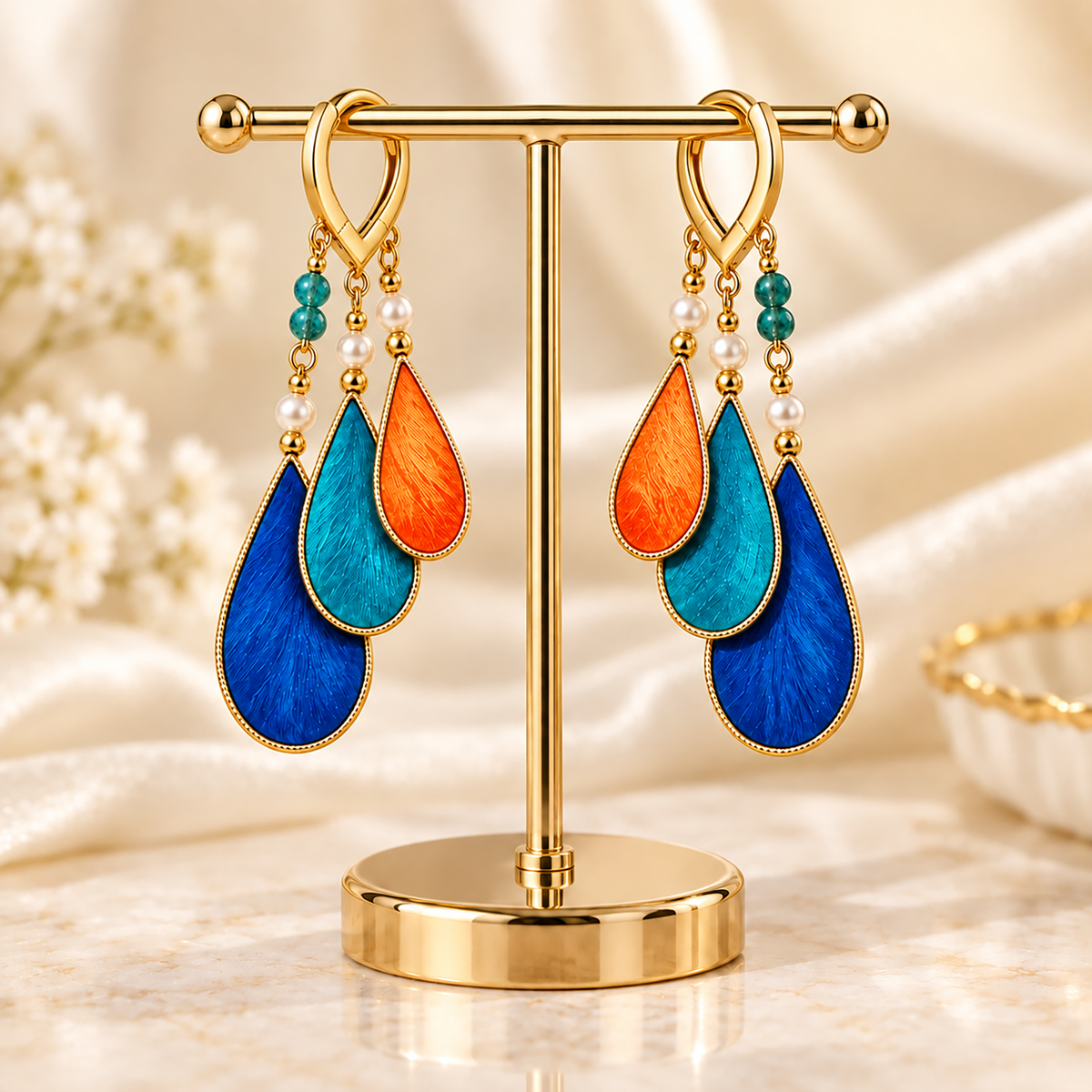 Blue teal orange silk Ronghua drop earrings hanging from a display stand, hoop closures visible