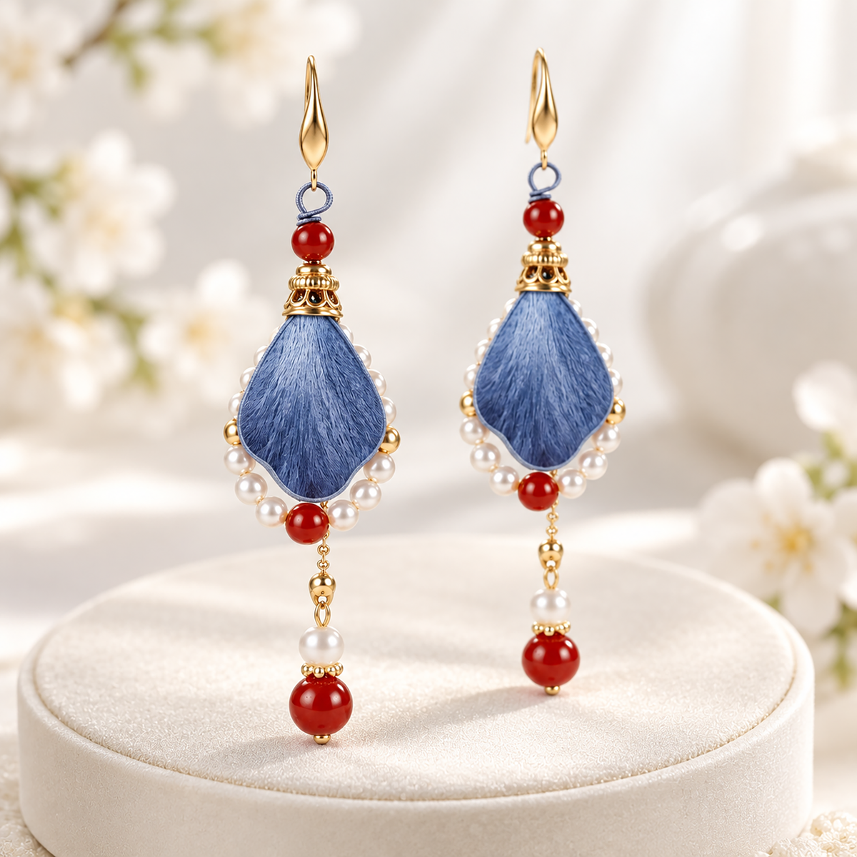 Blue-red silk drop earrings with fishhook wires