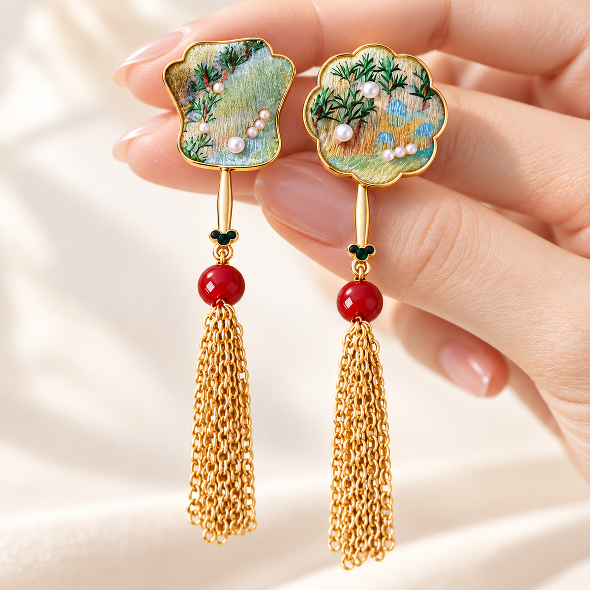 Tuanshan Songjin round-fan tassel stud earrings — photo 5