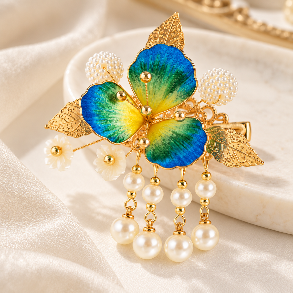 Blue-green blossom hair clip on silk fabric