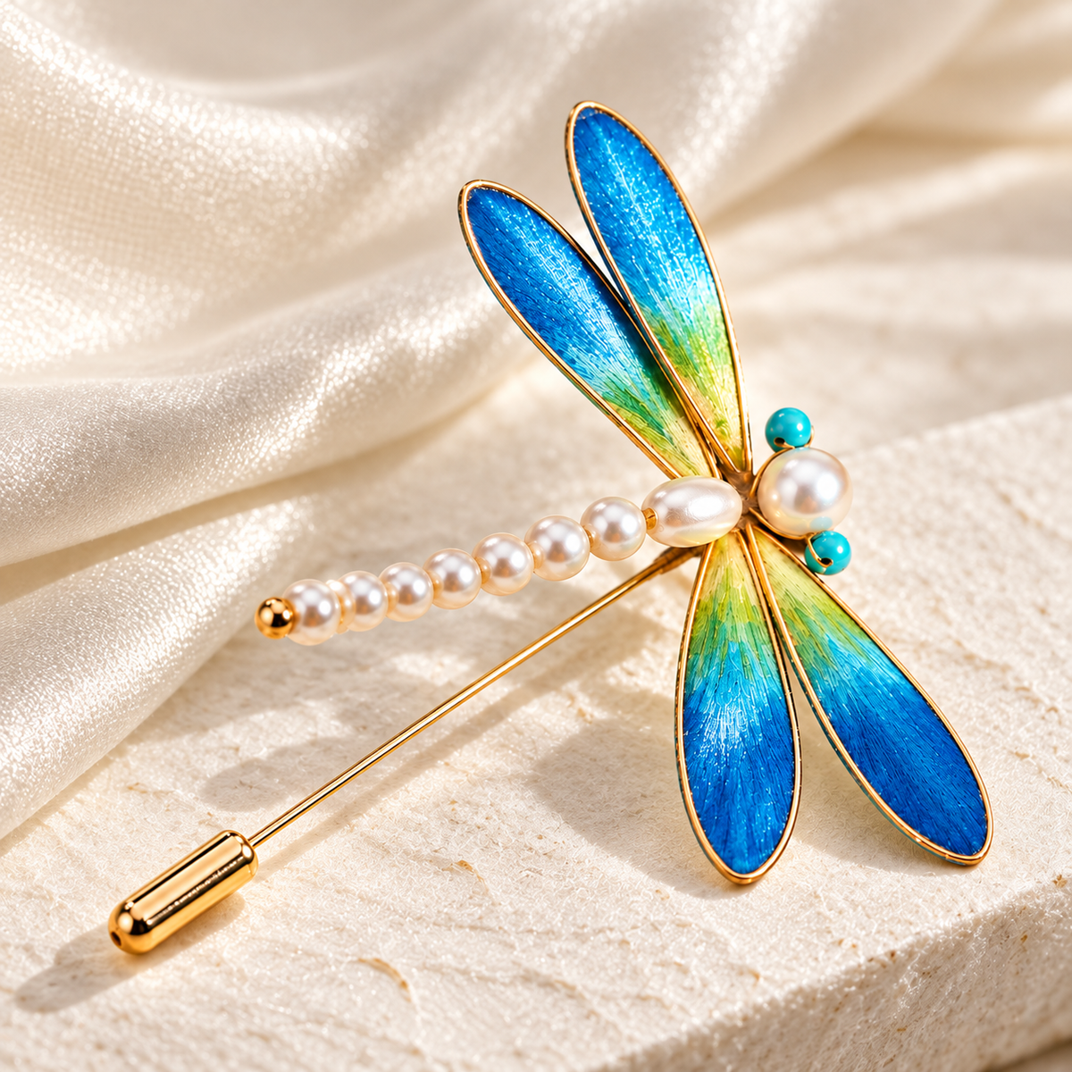 Blue dragonfly brooch on silk fabric