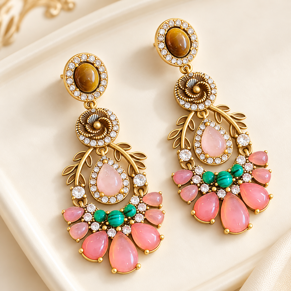 Nifei court pink glass tiger-eye drop earrings — photo 5