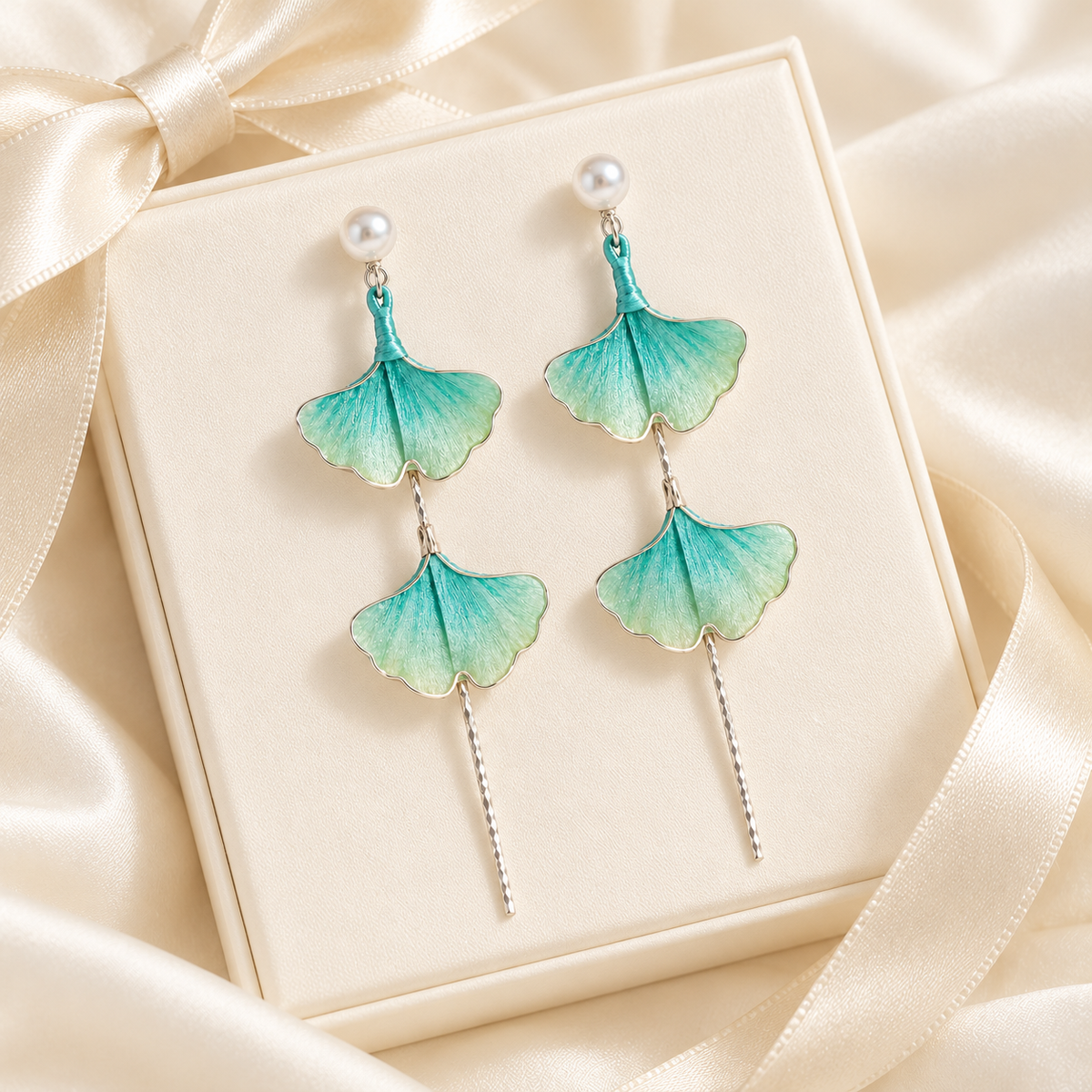 Teal lime ginkgo Ronghua stud earrings on gift box with ribbon