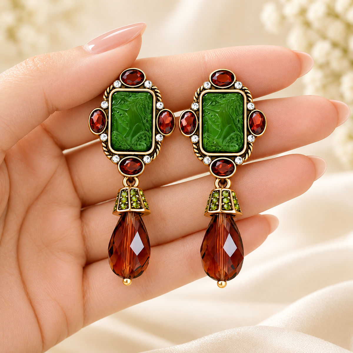 Luye court green glass drop earrings — photo 5