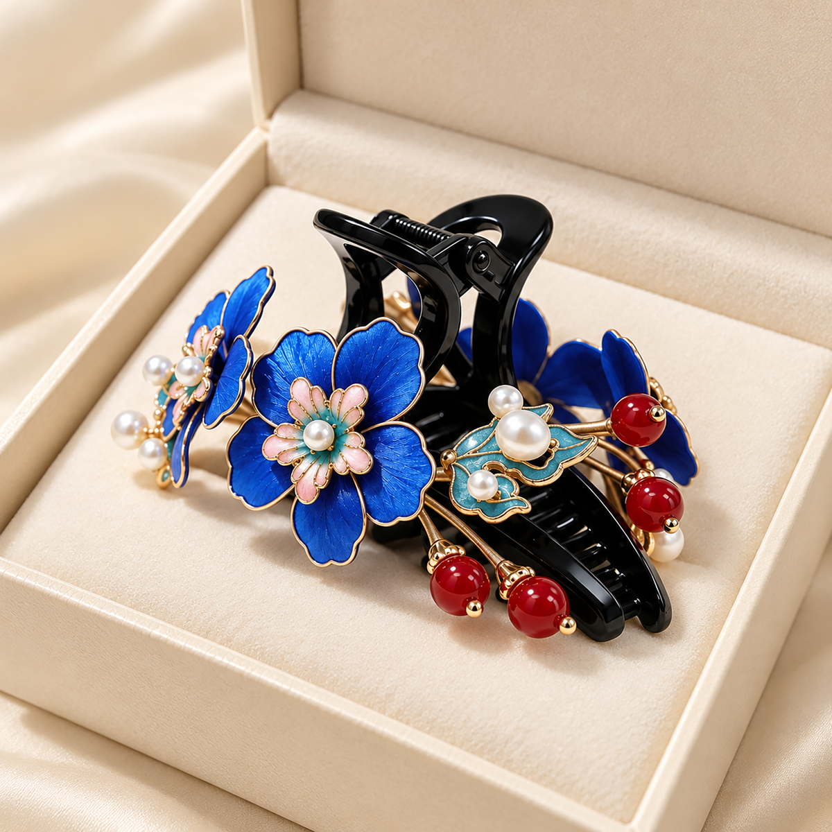 Twin blue mulberry-silk Ronghua claw clip with teal leaves