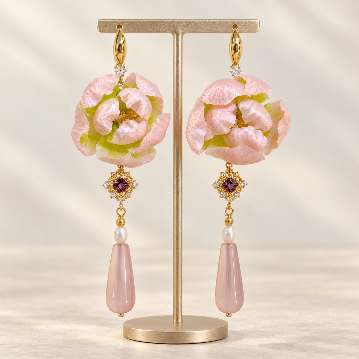 Pink Peony Bud Ronghua Drop Earrings — photo 5