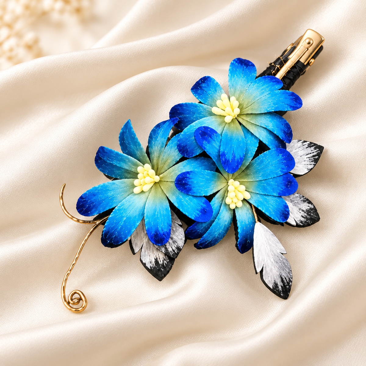 Blue blossom hair clip on silk fabric