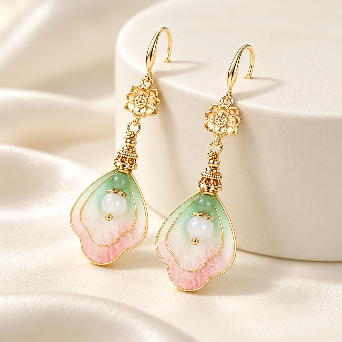 Pink-mint silk Ronghua earrings with fishhook wires