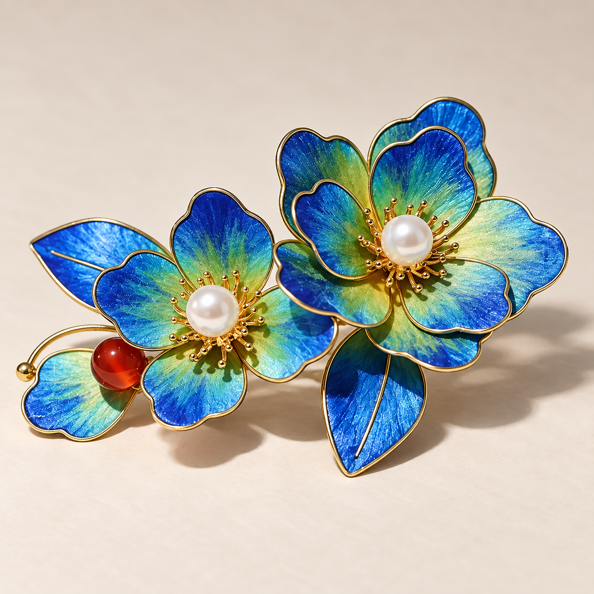 Close view of blue green Ronghua petals with pearl-like centres