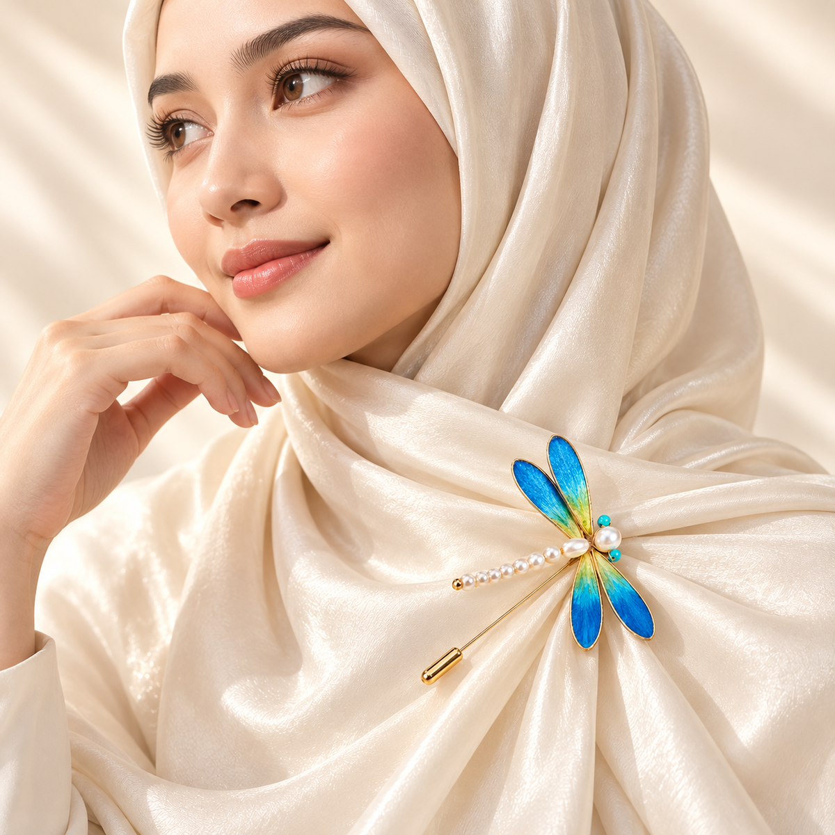 Dragonfly brooch worn on a cream scarf